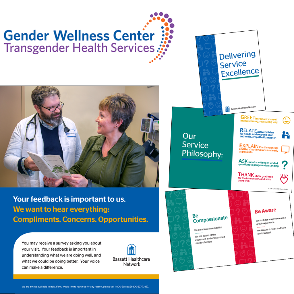 Bassett Healthcare System — Support the Customer Service team with designing customer-facing materials like hospital maps, menus, and patient guides. Developed the Gender Wellness Center branding.