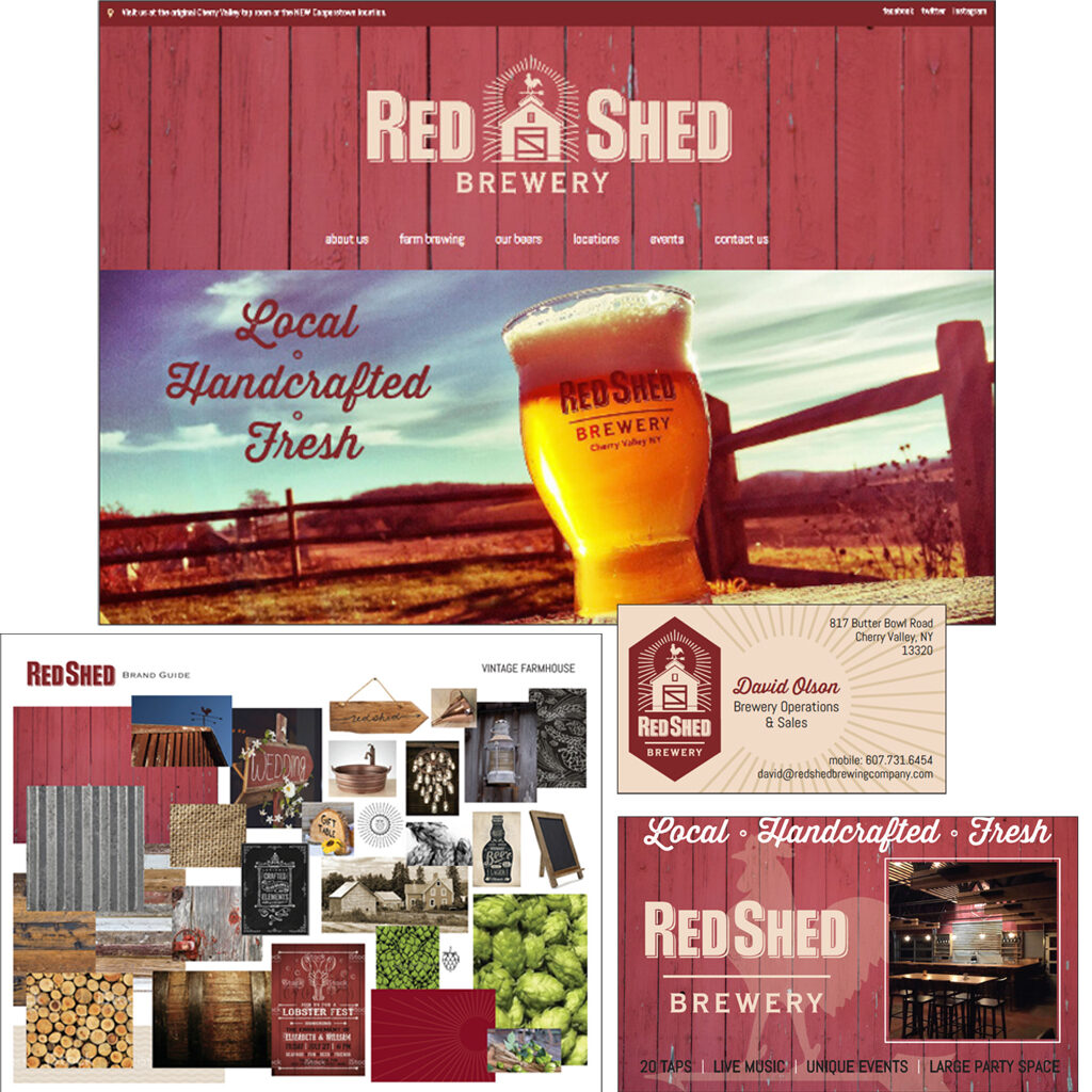Red Shed Brewery – Began with an existing logo and developed the branding for a small brewery in upstate New York. Supported Red Shed Brewery with an initial website design, marketing materials, site signs, and more as they opened up a new, larger tap room.
