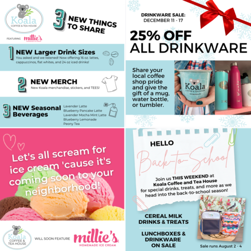 Koala Coffee and Tea Brand, Social Posts, Signs, and Advertising
